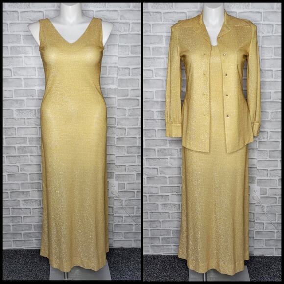 VTG 70s Gold Lurex 2 Piece Maxi Dress & Jacket Set - Picture 1 of 11